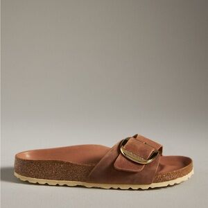 Birkenstock Madrid Buckle Brown Leather Slide Sandals with Gold Buckle